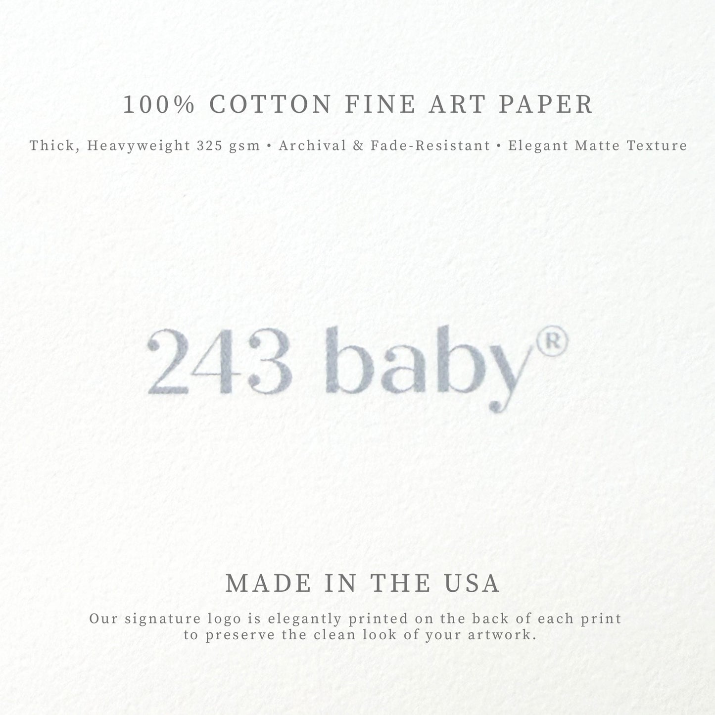Product description of 100% cotton fine art paper with '243 baby' branding on a white background.