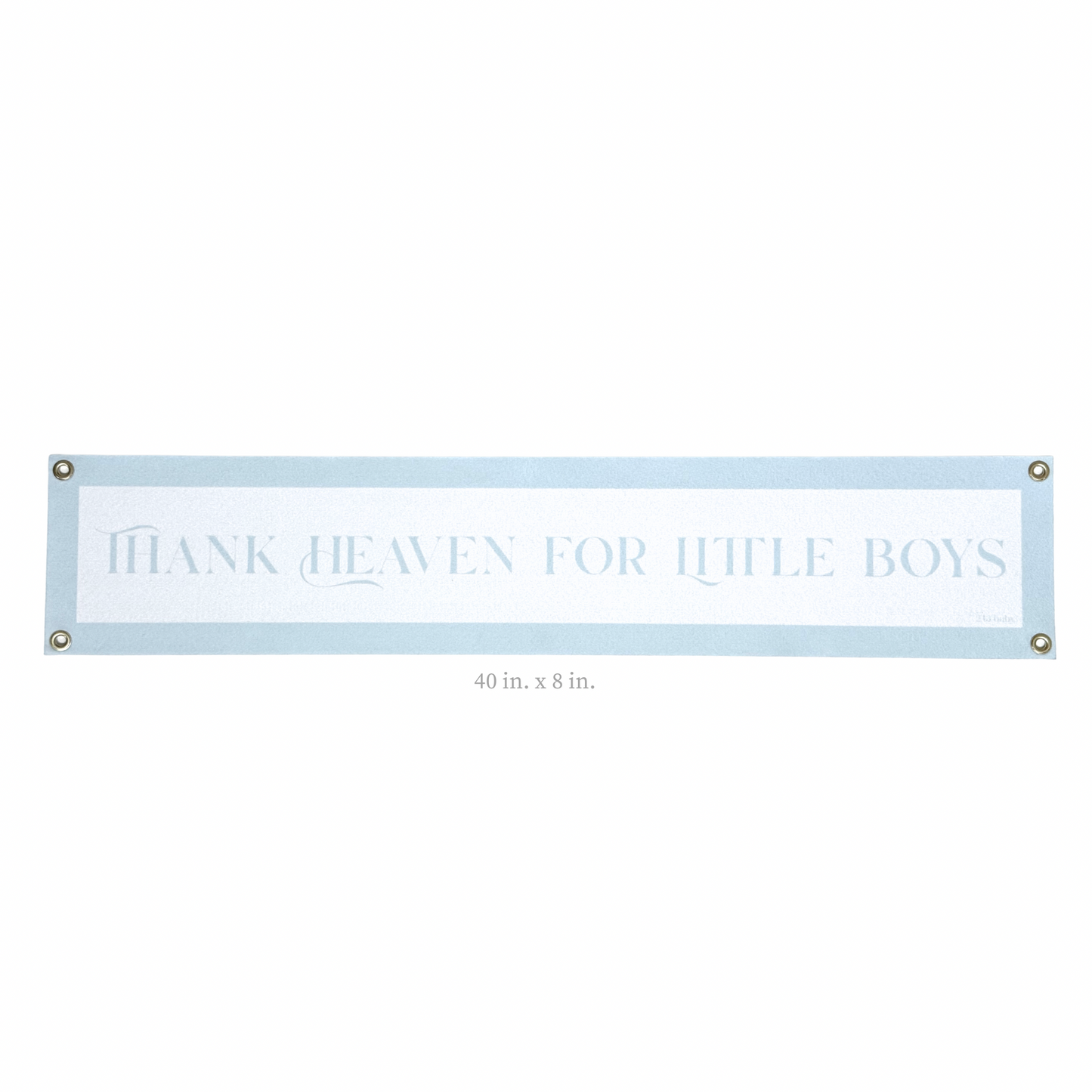 Light blue banner with text 'Thank heaven for little boys' on a white background