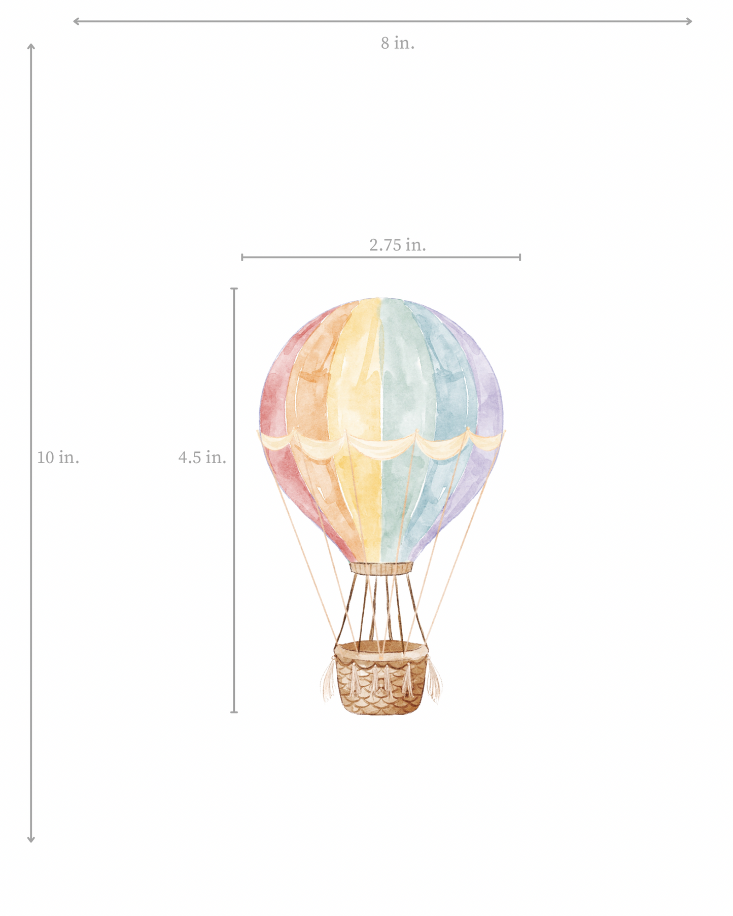 Colorful hot air balloon with dimensions on a white background