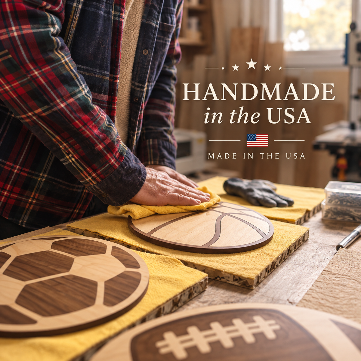 Craftsman in a plaid shirt hand-polishing a 9.5-inch wooden basketball wall decor piece with a yellow cloth at a workshop bench, featuring 'HANDMADE in the USA' text overlay alongside laser-cut wooden sports decor