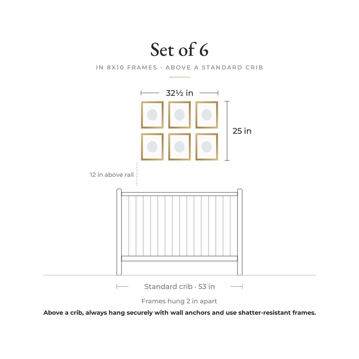 Size guide: Set of 6 nursery prints in 8x10 frames above a standard crib, 32½ × 25 inches overall