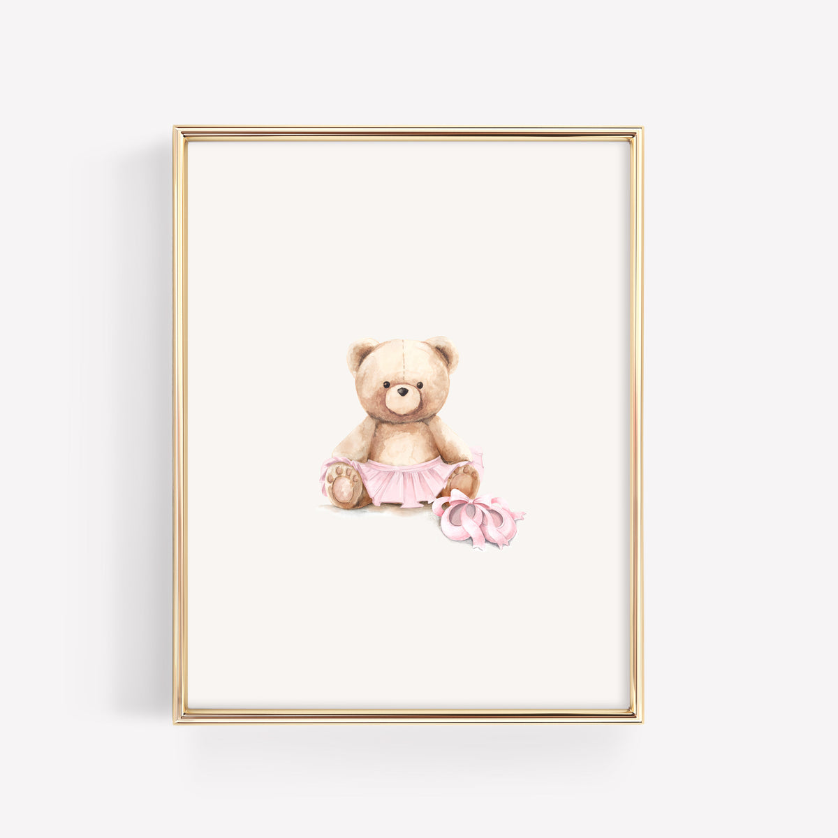 Watercolor blush pink ballerina teddy bear nursery print wearing a tutu and ballet slippers, whimsical girl's room wall decor.