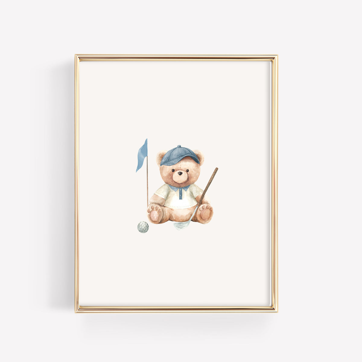 Framed artwork of a teddy bear playing golf on a white background