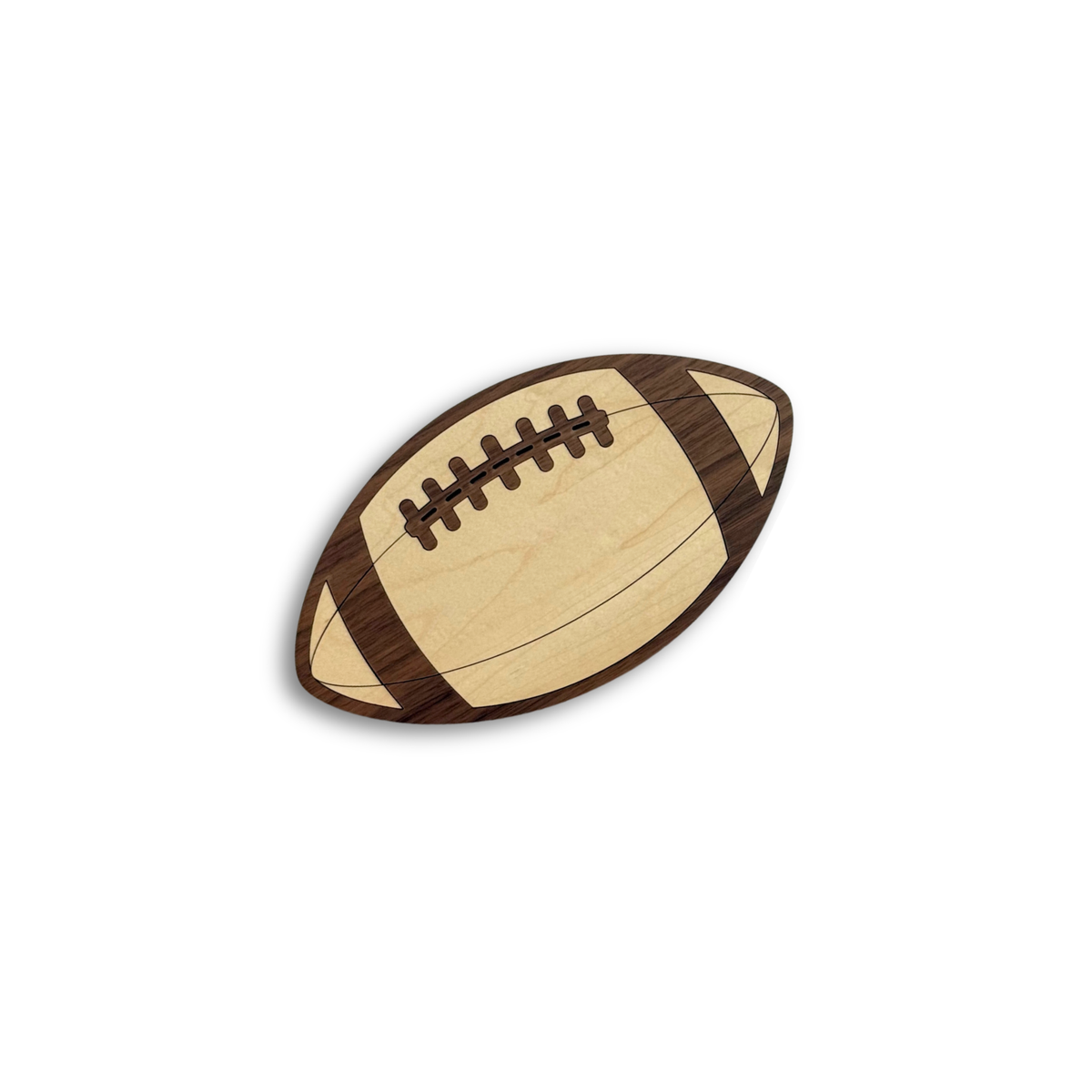 A football-shaped wooden nursery decor with a maple and walnut wood featuring a detailed football laces design, shown on a plain white background.