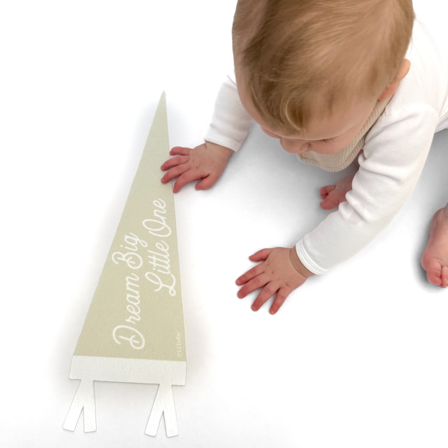 Baby leaning over a light taupe banner with 'Dream Big Little One' text on a white background