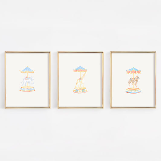 Carousel Animals Watercolor Nursery Wall Art Print Set - 3 Unframed 8x10