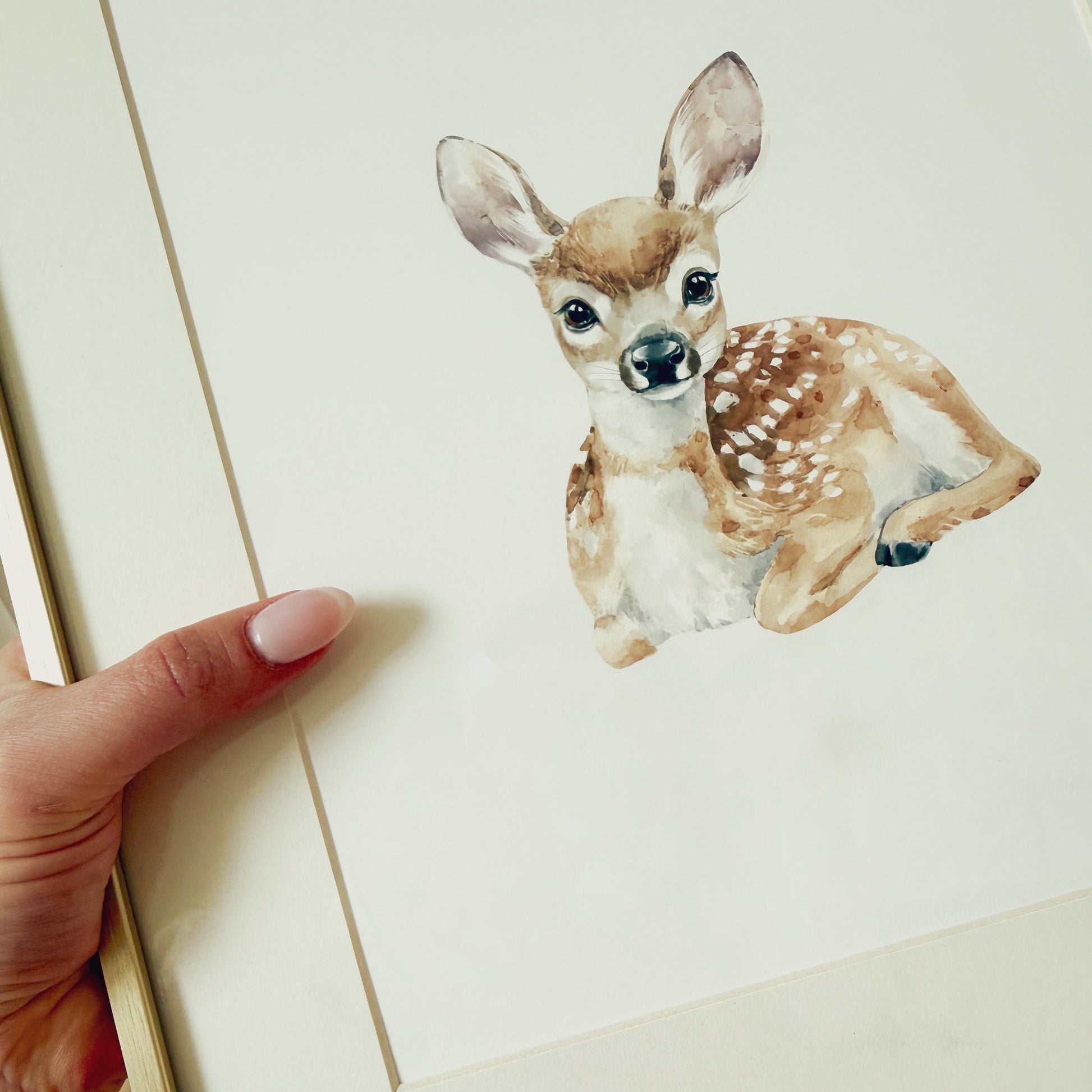 Watercolor baby deer against a white background.
