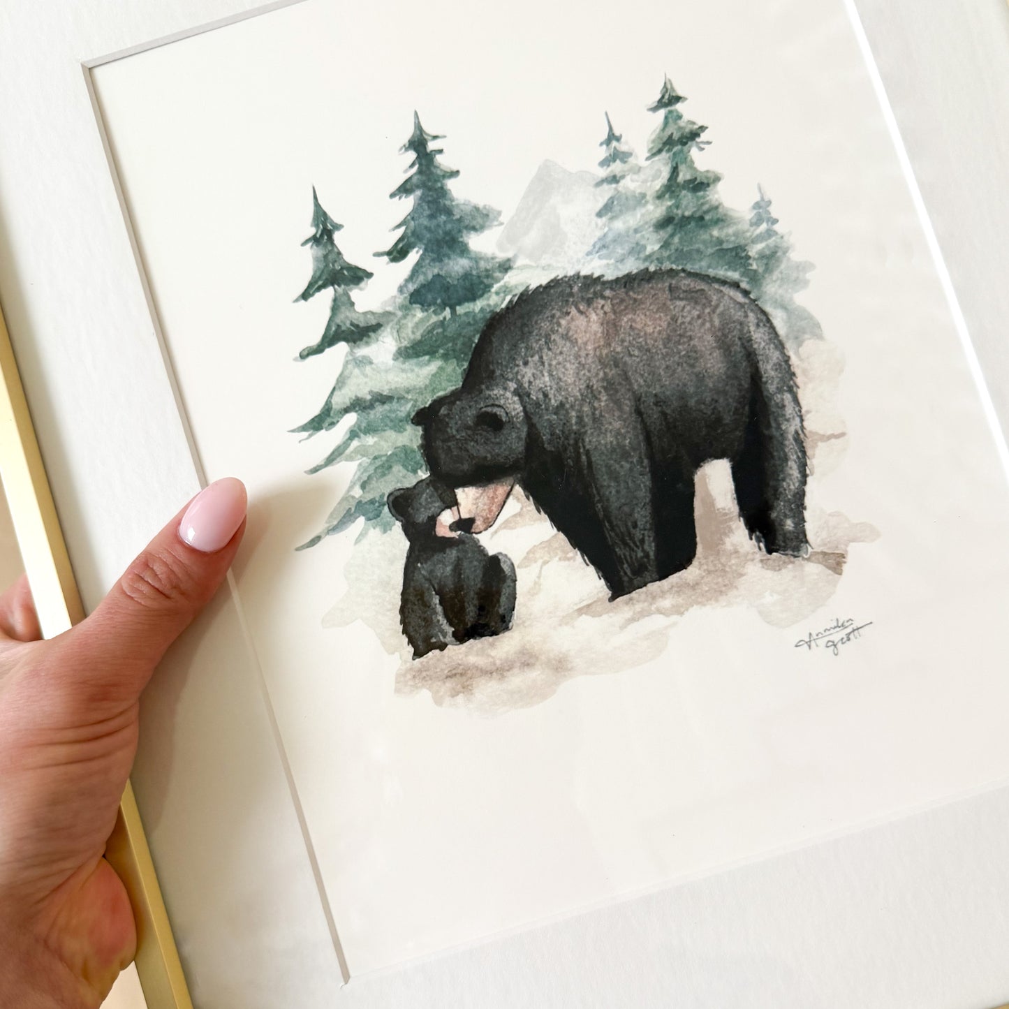 Black Bear and cub “Mommy and Me” watercolor painting with author signature in a gold frame.