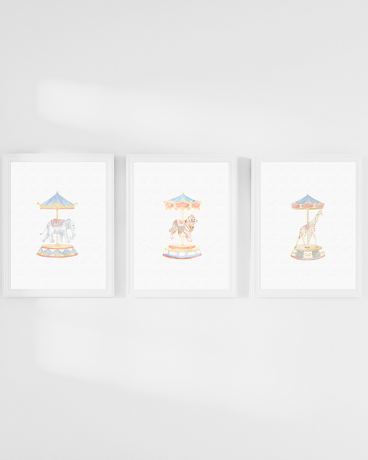 Carousel Nursery Wall Art Print Set (3 Unframed 8x10 Watercolors)