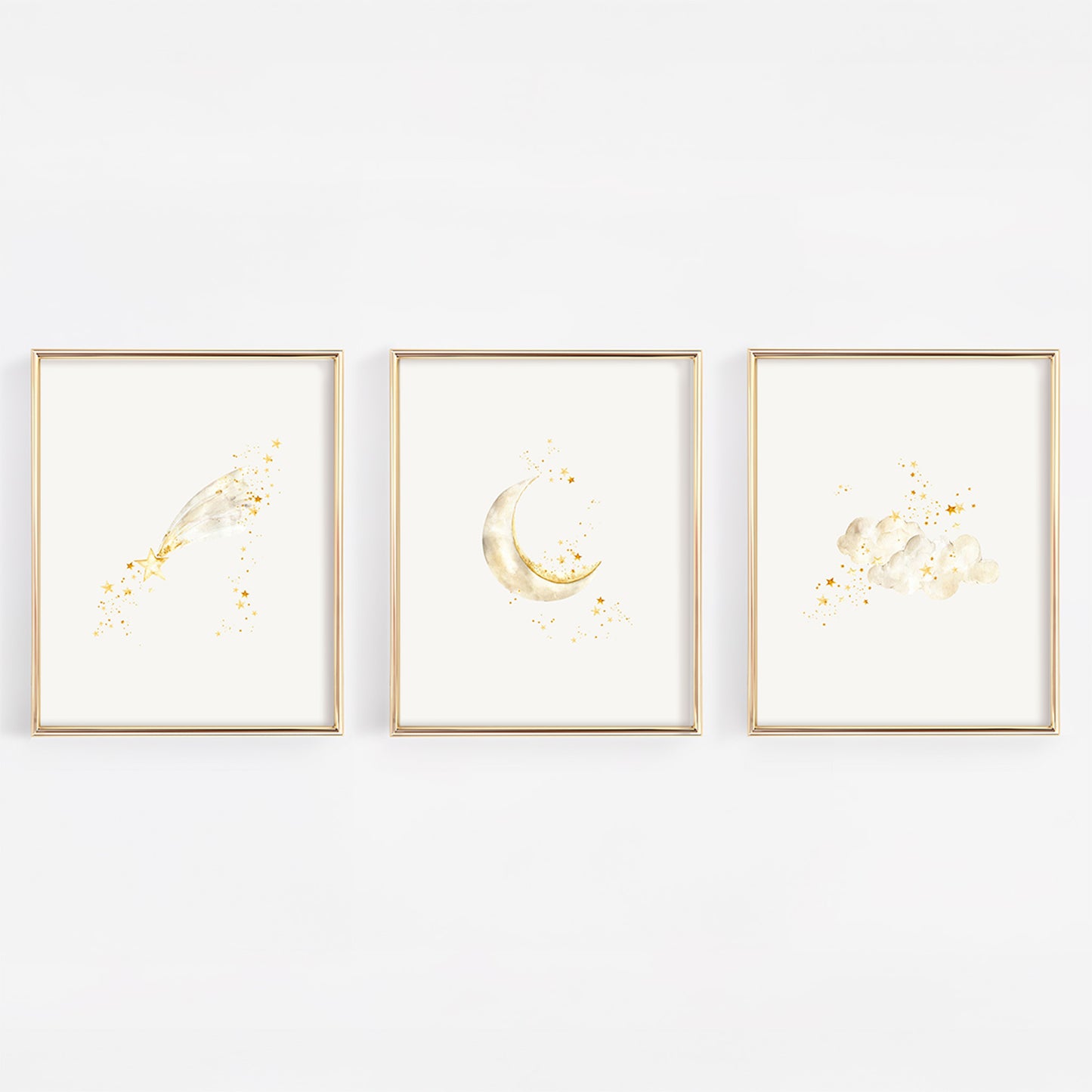 Three framed prints with celestial designs on a white background