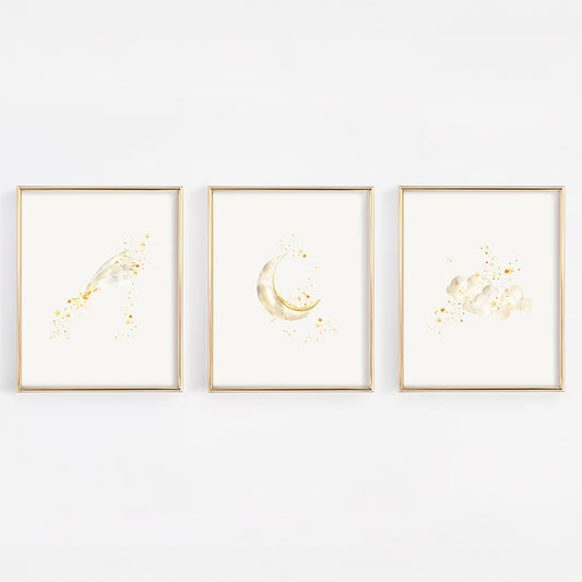 Three framed prints with celestial designs on a white background