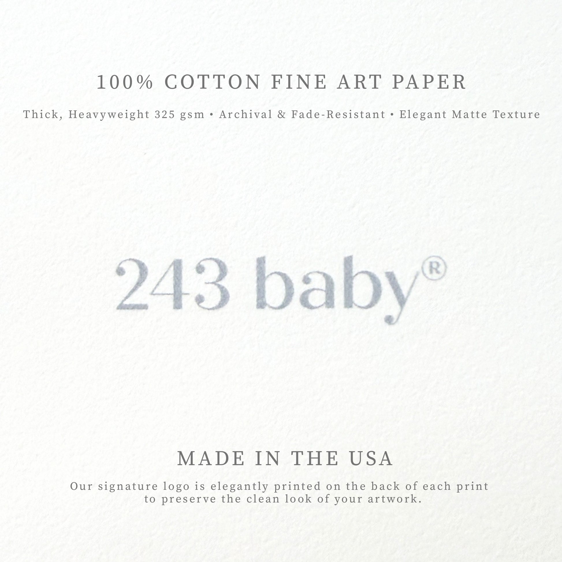 Product description of 100% cotton fine art paper with '243 baby' branding on a white background.