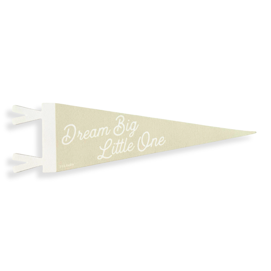 Soft Beige pennant nursery decor with 'Dream Big Little One' text on a white background