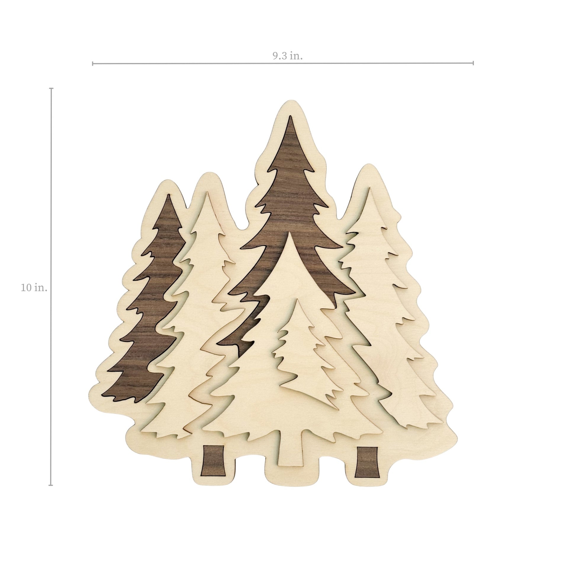 Wooden Evergreen tree cutouts with dimensions on a white background