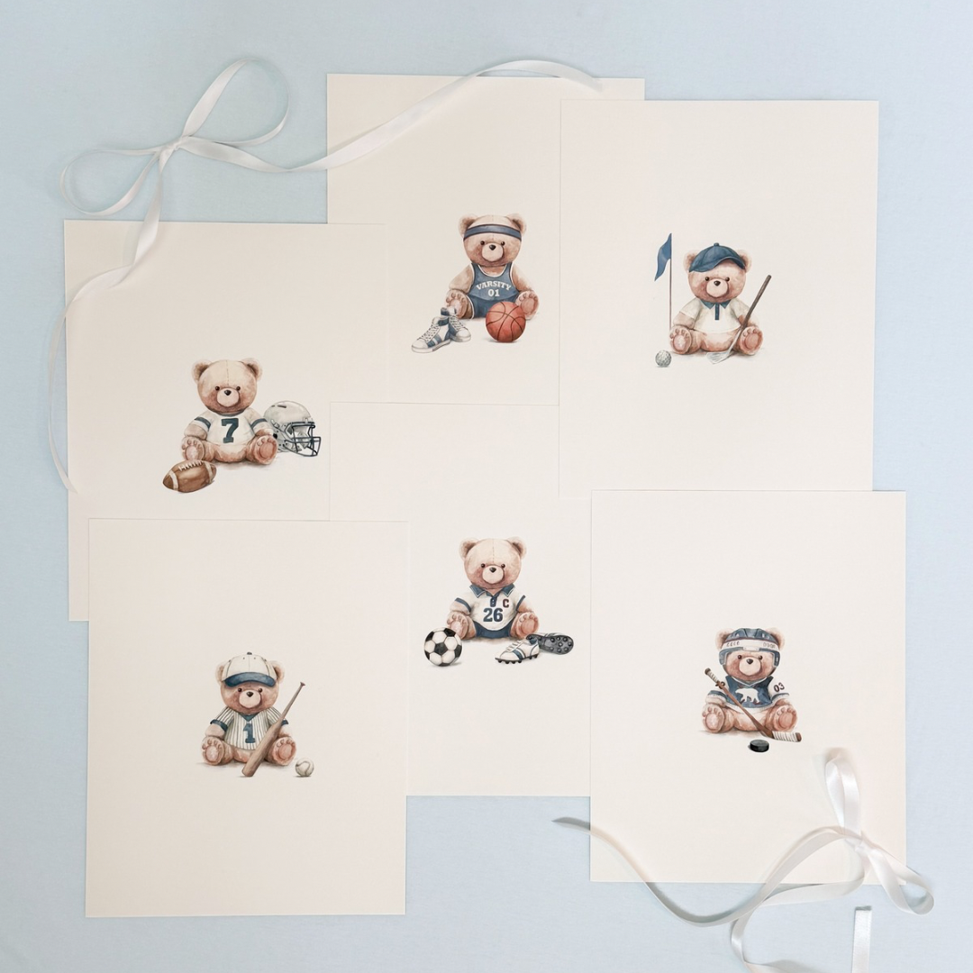 Little Sportsman Varsity Teddy Nursery Wall Art Prints | Set of 6 | Unframed | Watercolor Sports Bears