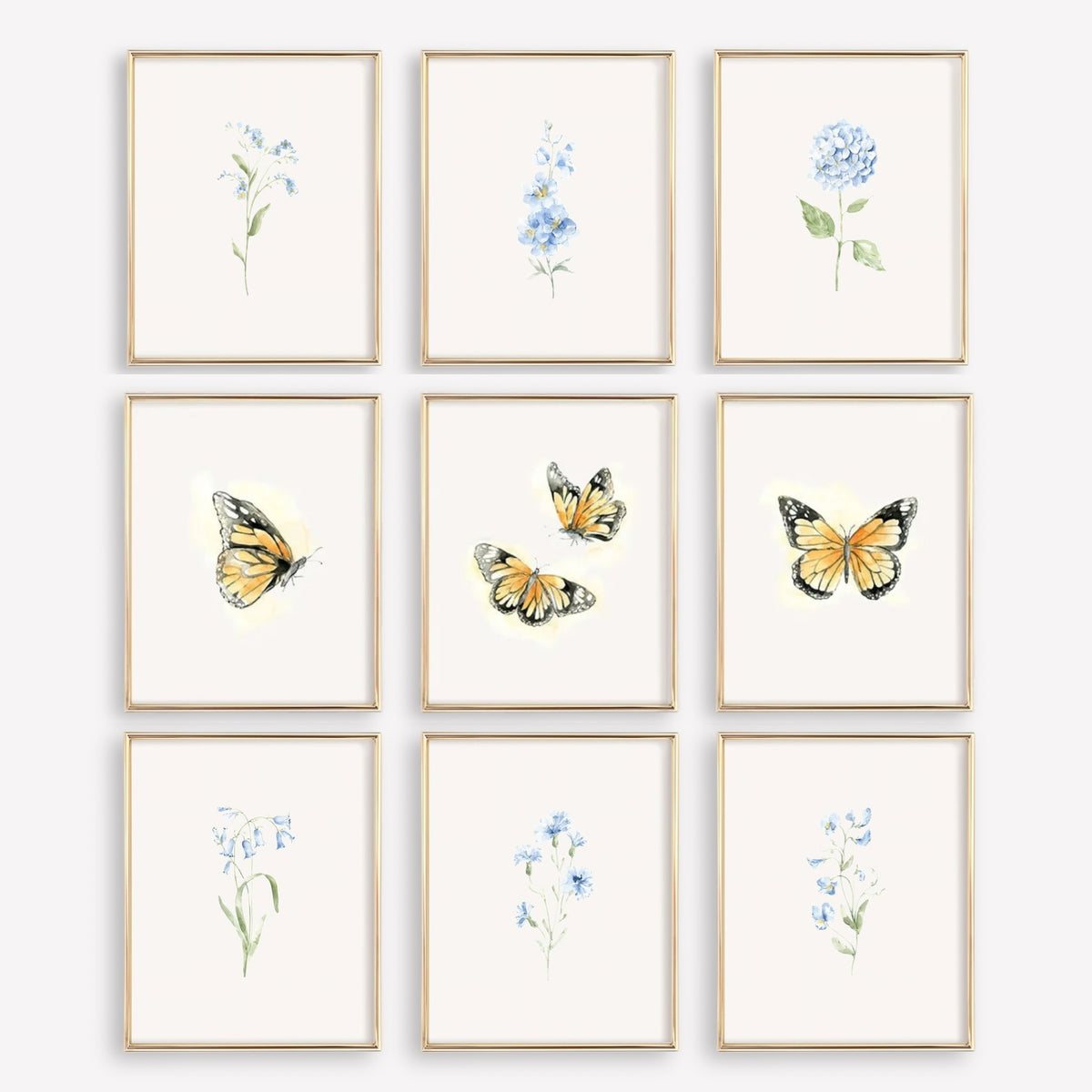 French Blue Floral & Monarch Butterfly Nursery Wall Art Prints | Set of 9 | Complete Collection