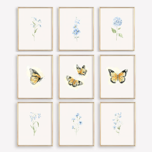 French Blue Floral & Monarch Butterfly Nursery Wall Art Prints | Set of 9 | Unframed | Complete Collection