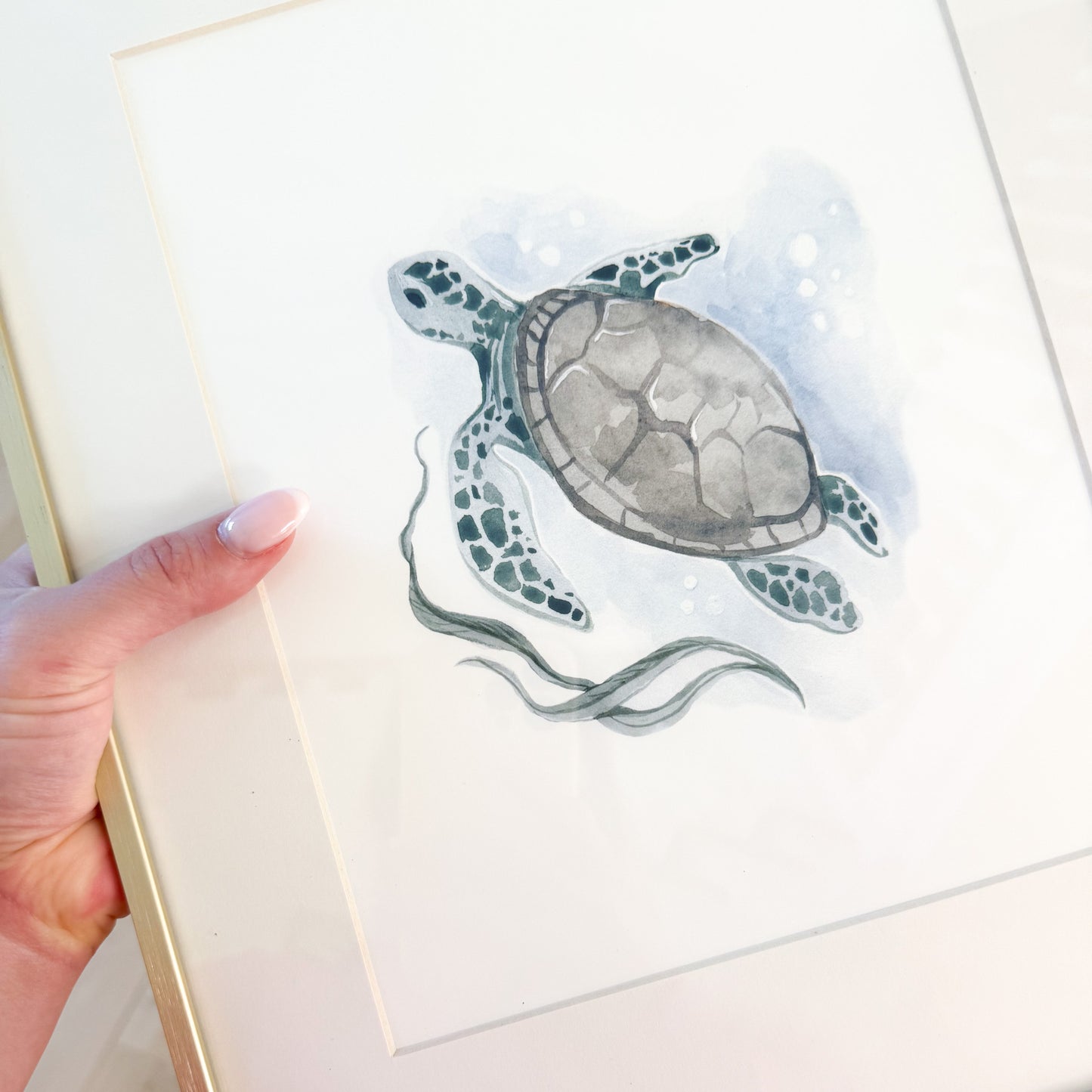 A watercolor painting of a sea turtle with bubbles and kelp, colors are teal and soft grey and brown.