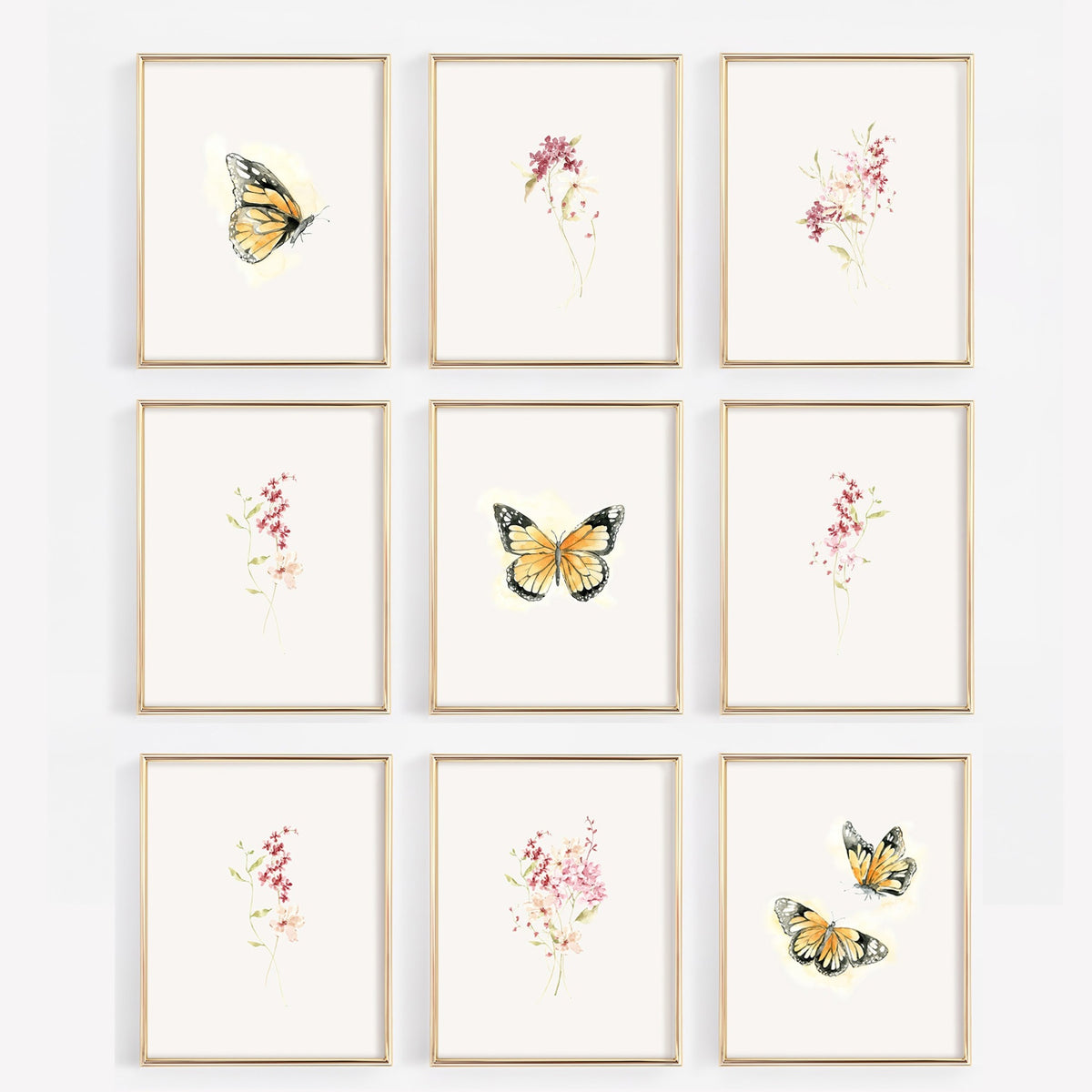 9 pack set of watercolor nursery art prints that feature monarch butterflies and pink and mauve wildflowers.