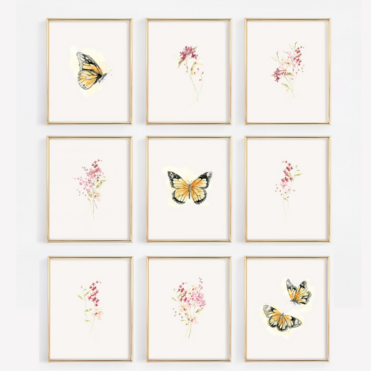 9 pack set of watercolor nursery art prints that feature monarch butterflies and pink and mauve wildflowers.