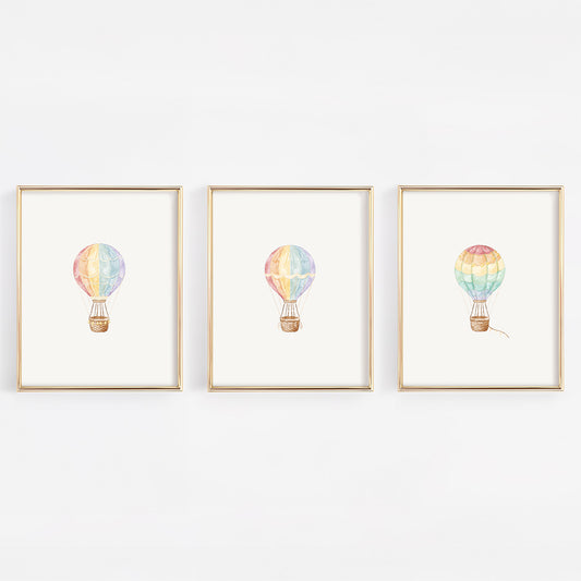 Rainbow Hot Air Balloon Nursery Watercolor Wall Art Print Set - 3 Unframed 8x10