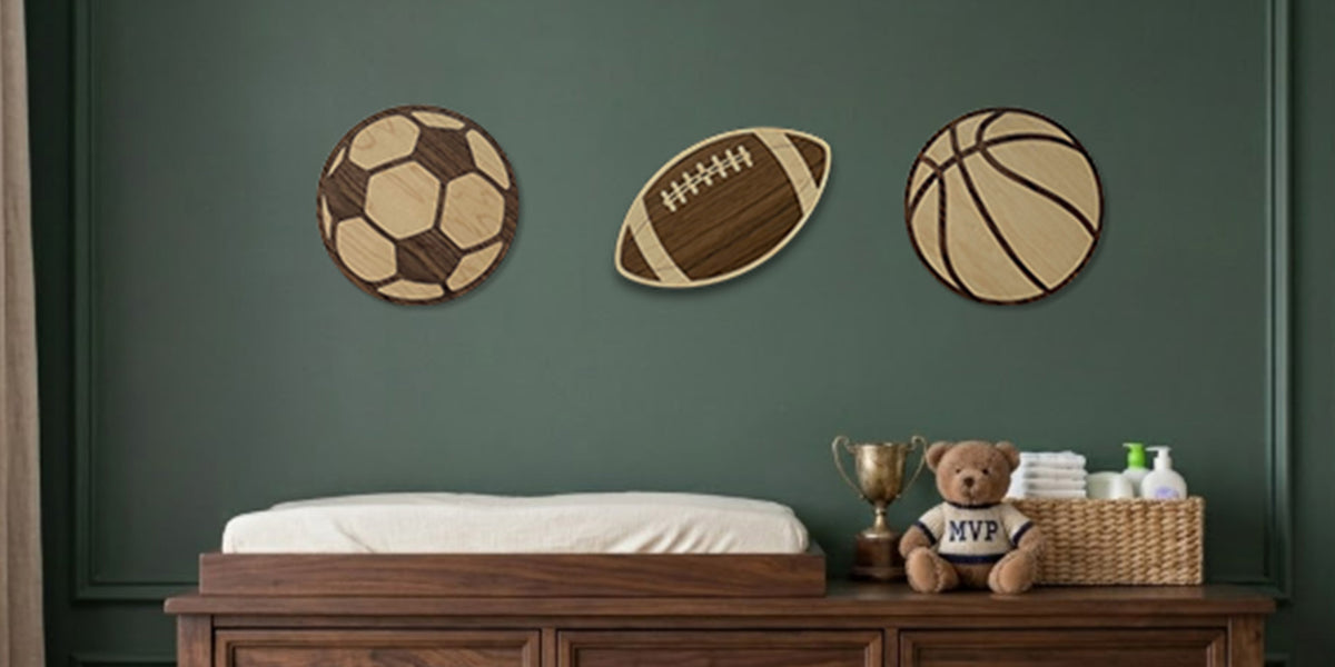 Handcrafted maple and walnut wooden sports wall decor by 243 baby