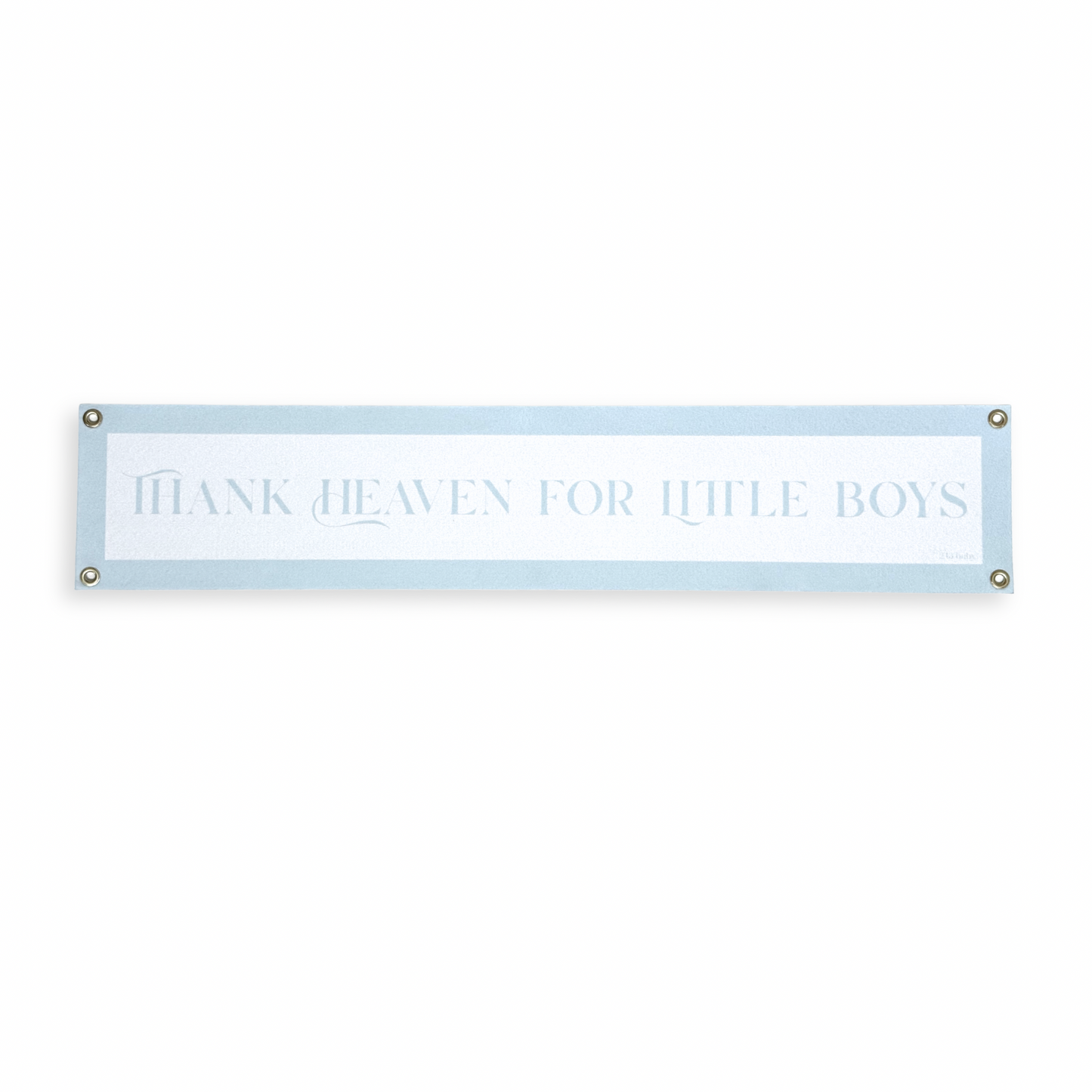 Blue baby boy nursery banner with 'Thank heaven for little boys' text on a white background