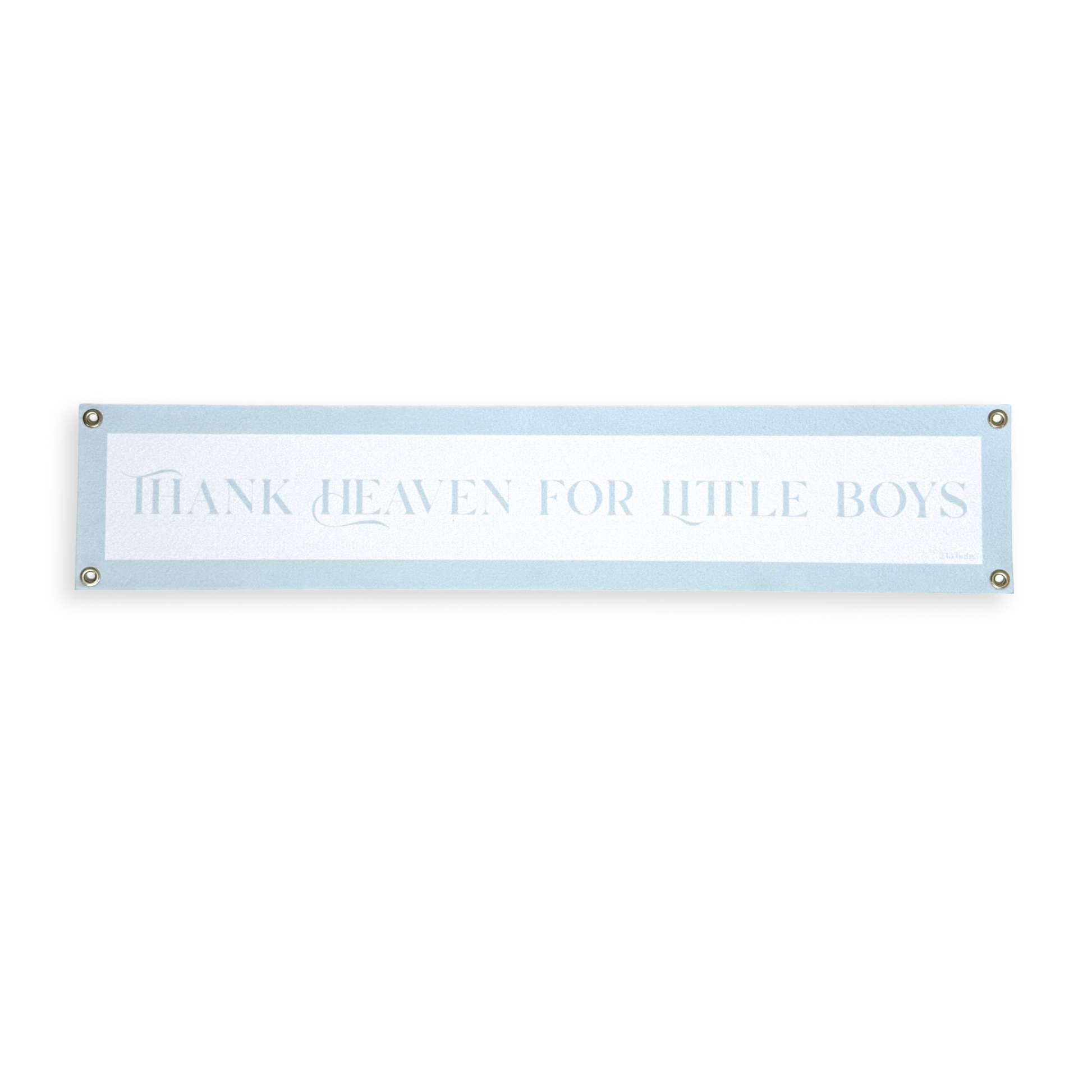 Blue baby boy nursery banner with 'Thank heaven for little boys' text on a white background