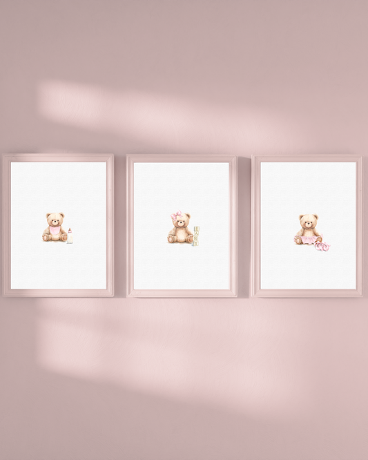 Teddy Bear Blush Nursery Wall Art Print Set (3 Unframed 8x10 Watercolors)