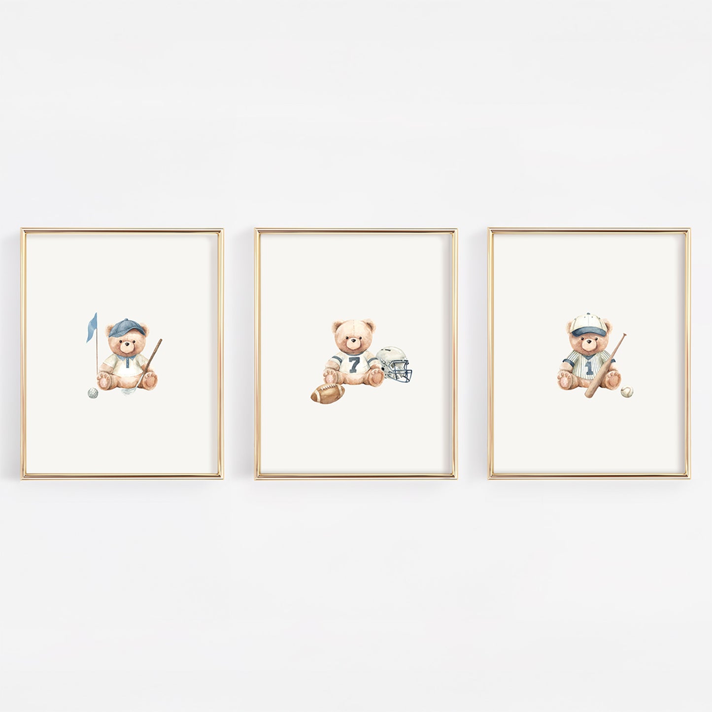 Three framed illustrations of teddy bears  in a football, golf and baseball outfit.