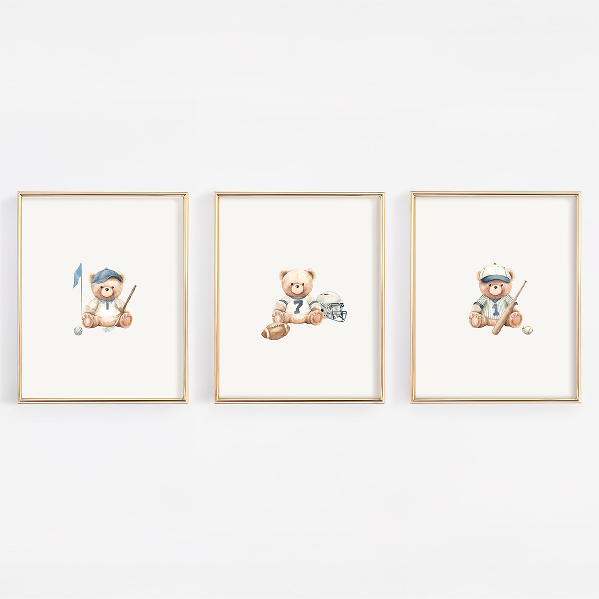 Three framed illustrations of teddy bears  in a football, golf and baseball outfit.
