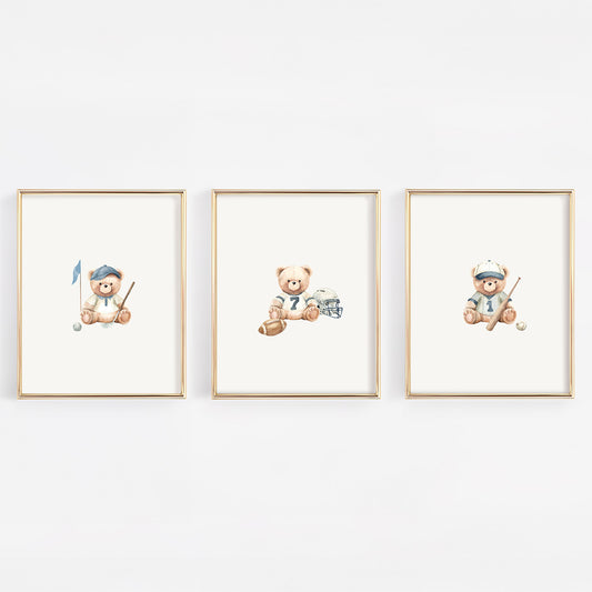 Three framed illustrations of teddy bears  in a football, golf and baseball outfit.