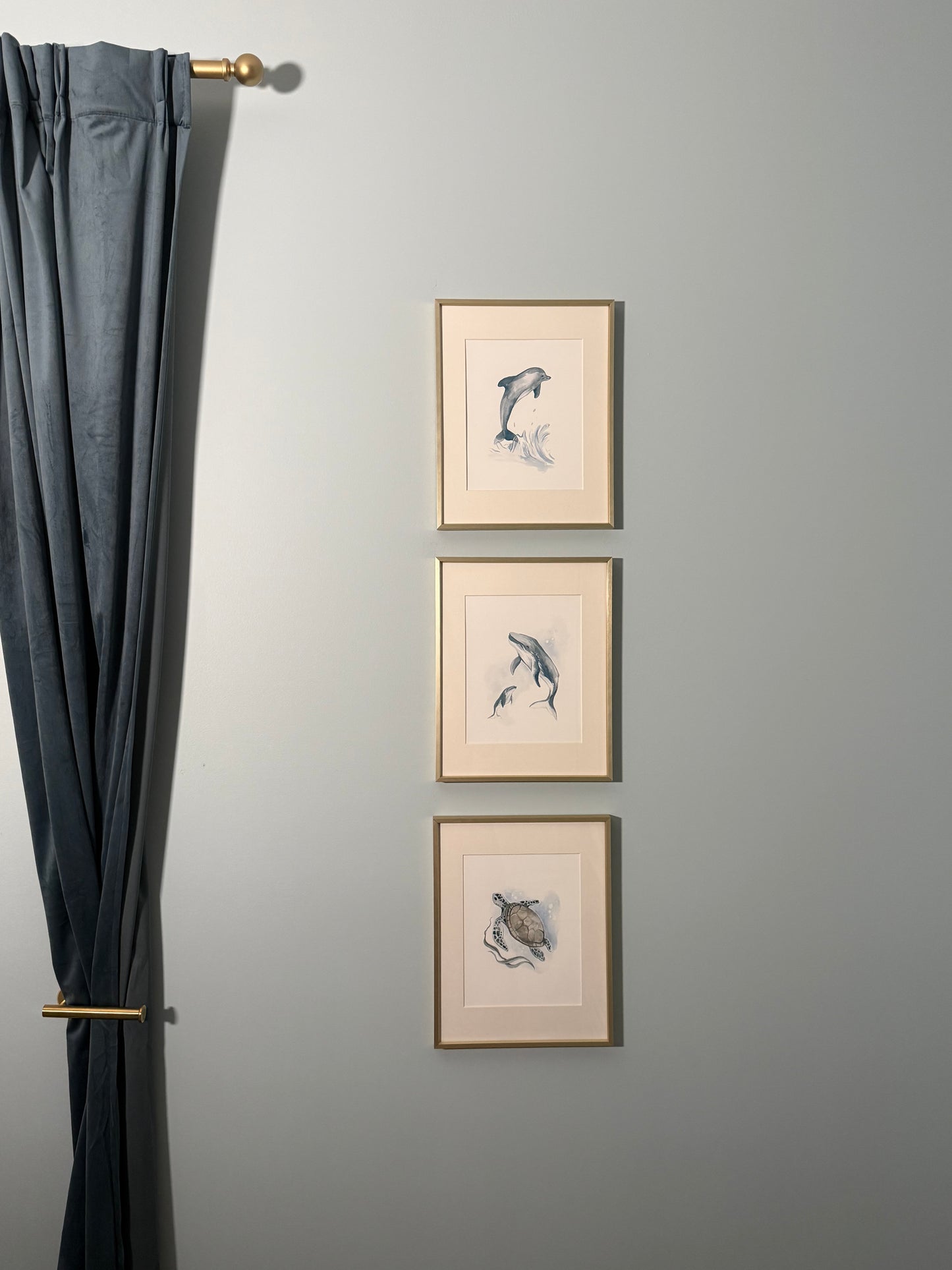 Three framed marine life art prints featuring dolphins and a shark, displayed on a light gray wall above a dark gray draped fabric with brass finials.