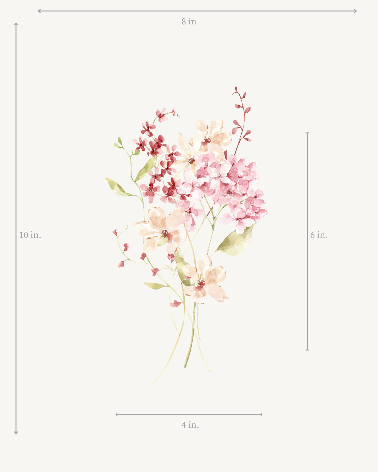 Floral design with measurements for an 8x10 inches nursery print on a white background