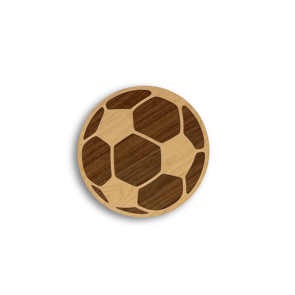 Front view of a 9.5-inch laser-cut wooden soccer ball wall decor sign with natural maple and dark walnut wood inlay for a sports-themed nursery or bedroom