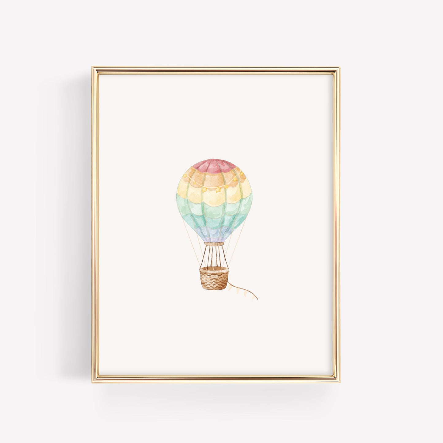 Watercolor rainbow hot air balloon nursery art featuring a decorative  tail, coordinating individual print for an adventure nursery theme.