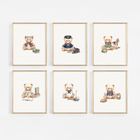 A set of six vintage watercolor dapper teddy bear nursery art prints from 243 Baby, featuring an aviator, train conductor, equestrian, scholar, sailor, and varsity athlete bear individually framed in gold on a clean white wall.