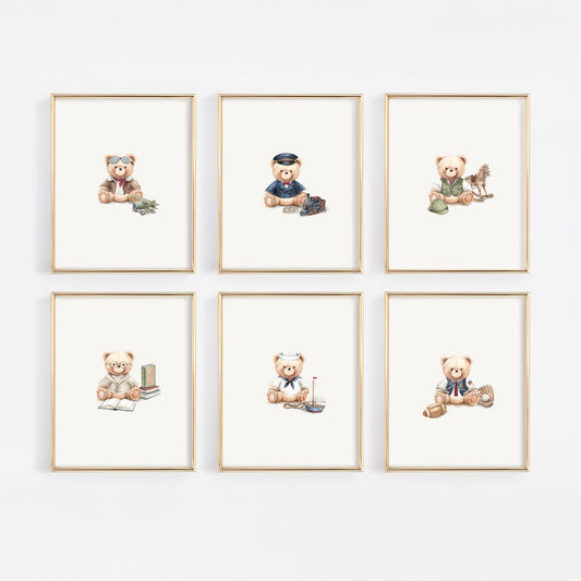 6-piece Americana heritage teddy bear watercolor gallery wall set featuring aviator, train, scholar, sailor, equestrian, and varsity nursery art prints.