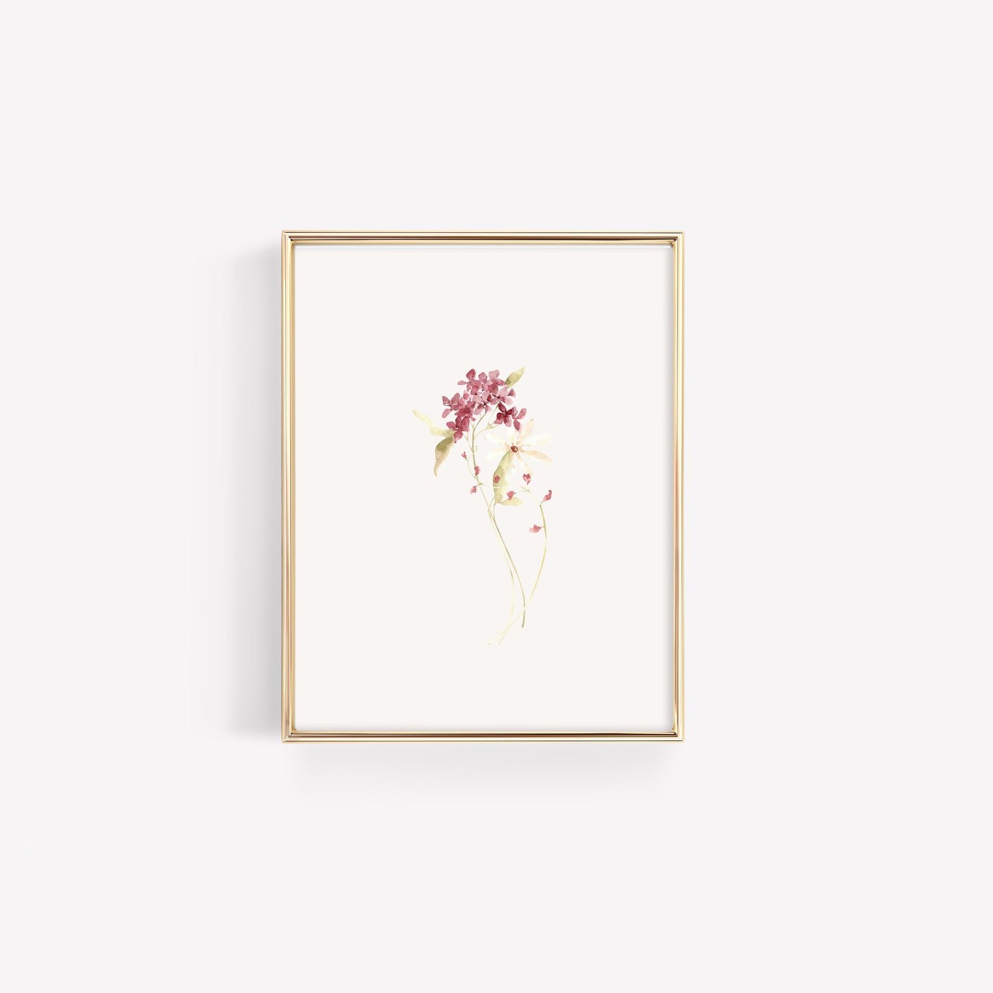 Two coordinating wildflower stems in dusty rose and burgundy, arranged side-by-side in a thin gold frame for a modern botanical nursery look.