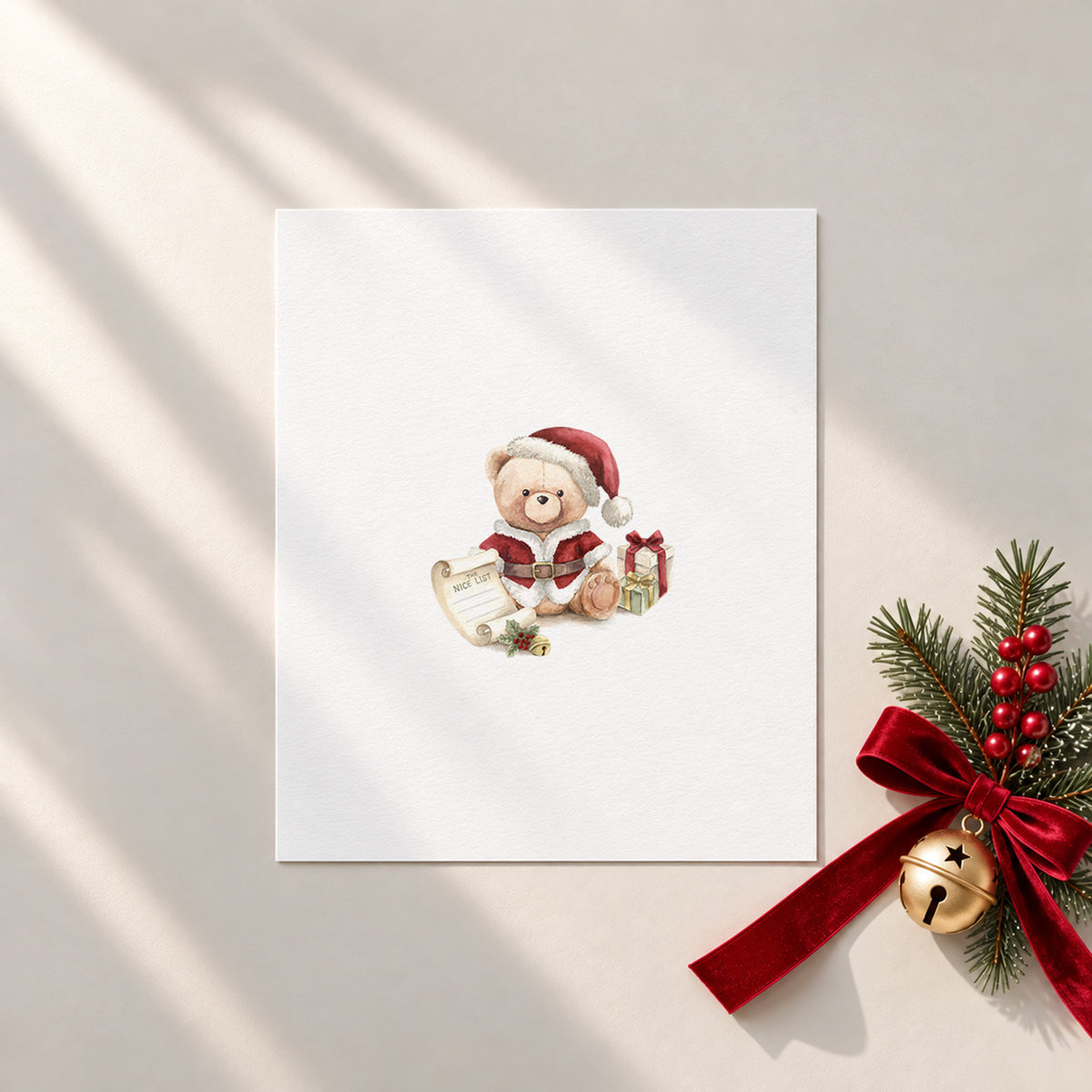 Flat-lay of an unframed seasonal Christmas watercolor nursery art print on textured fine art paper featuring a vintage teddy bear in a Santa Claus suit holding a Nice List scroll, styled beside pine greenery, red berries, and a gold jingle bell with a velvet ribbon.