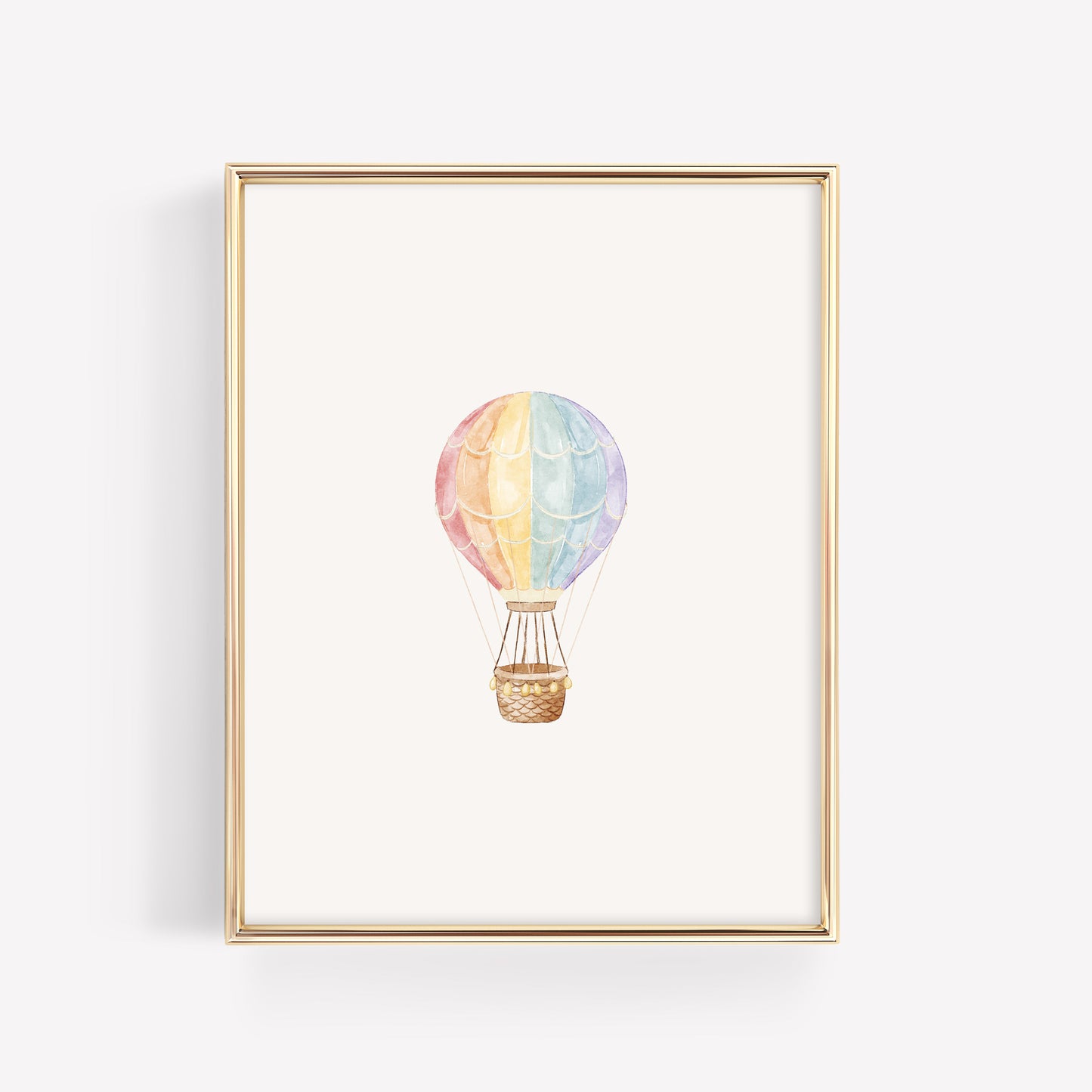 Single whimsical watercolor hot air balloon print in vibrant rainbow colors, part of a coordinated 3-piece nursery wall art set