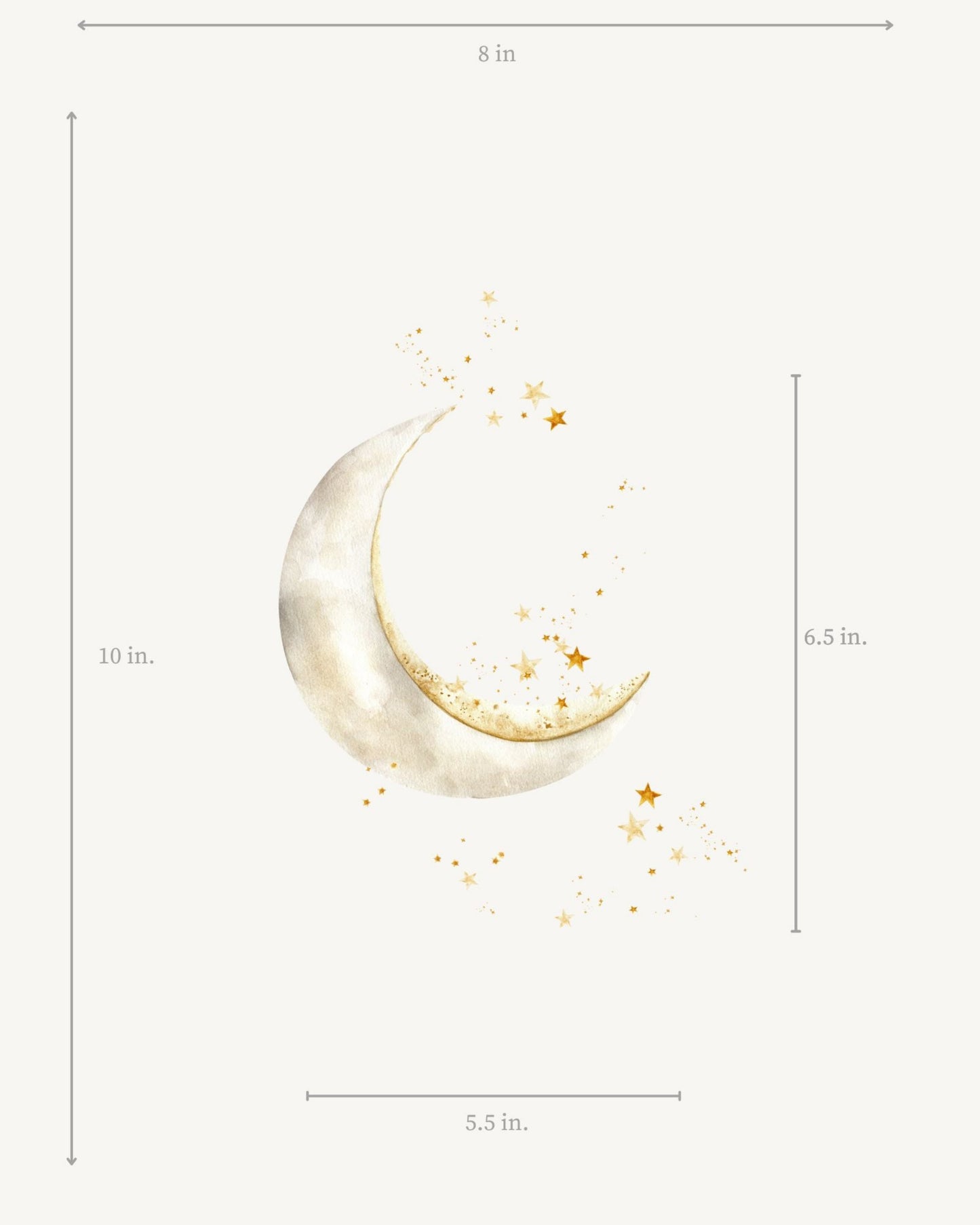 size guide for a celestial moon and stars nursery print, showing the 8x10 inch dimensions and scale of the artwork on a standard sheet of paper in a gold frame.