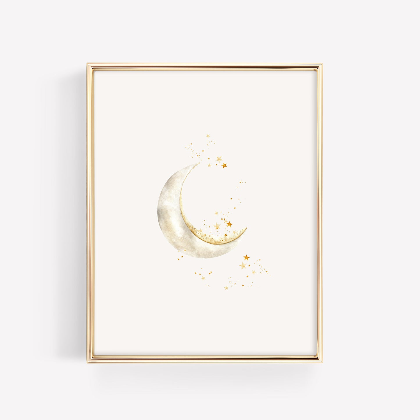 a dreamy crescent moon surrounded by a cluster of small golden stars, displayed in a minimalist gold frame for a celestial-themed nursery.