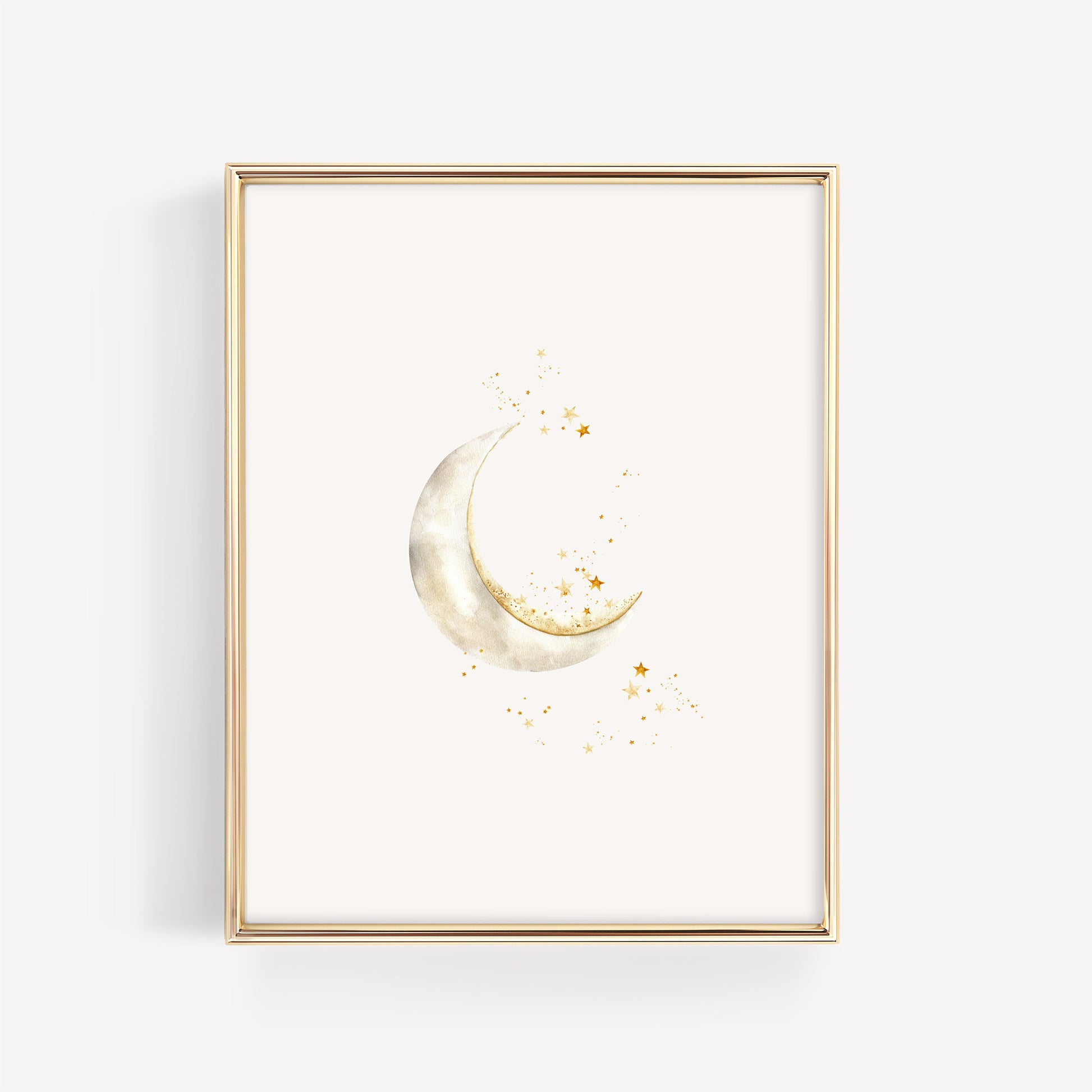 a dreamy crescent moon surrounded by a cluster of small golden stars, displayed in a minimalist gold frame for a celestial-themed nursery.