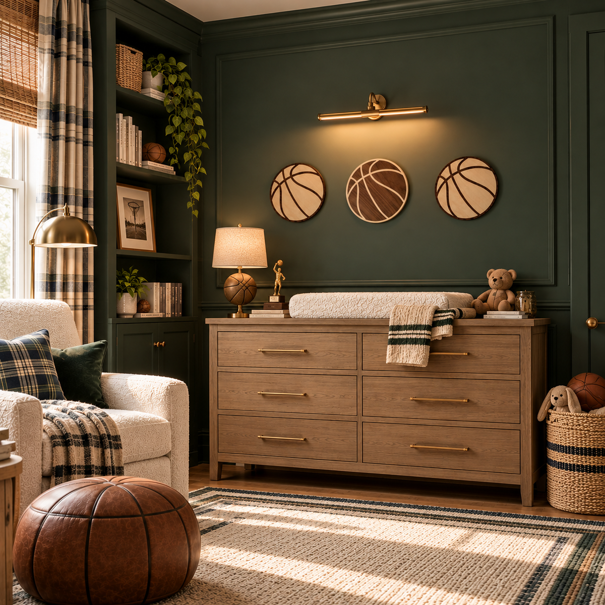 Three custom-made wooden basketball wall art pieces in contrasting natural and dark walnut tones, mounted horizontally on a dark green paneled nursery wall above an oak dresser. illuminated by a brass picture light. The basketball-themed baby room includes basketball decor, a leather basketball pouf, and a cozy armchair