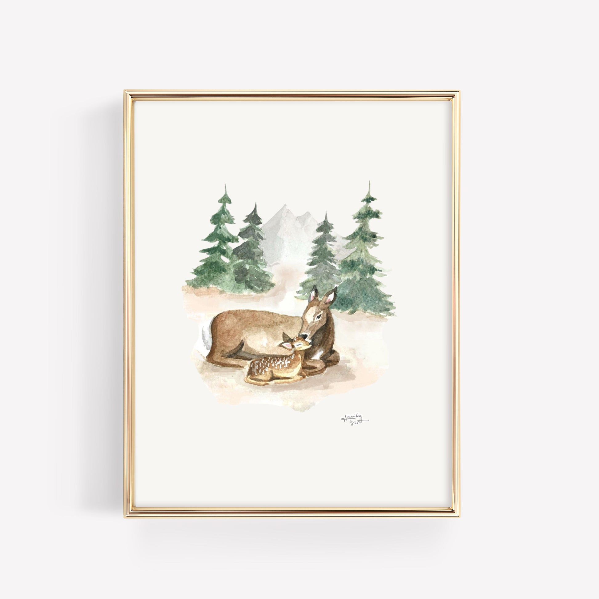 Framed artwork of a deer and fawn in a forest setting on a white background