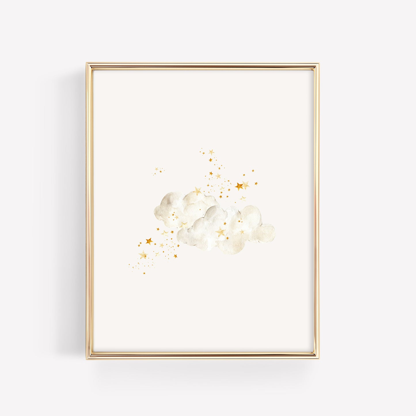 Soft, fluffy watercolor clouds paired with twinkling stars, framed in a sleek gold nursery frame for a "sleepy sky" wall decor theme.