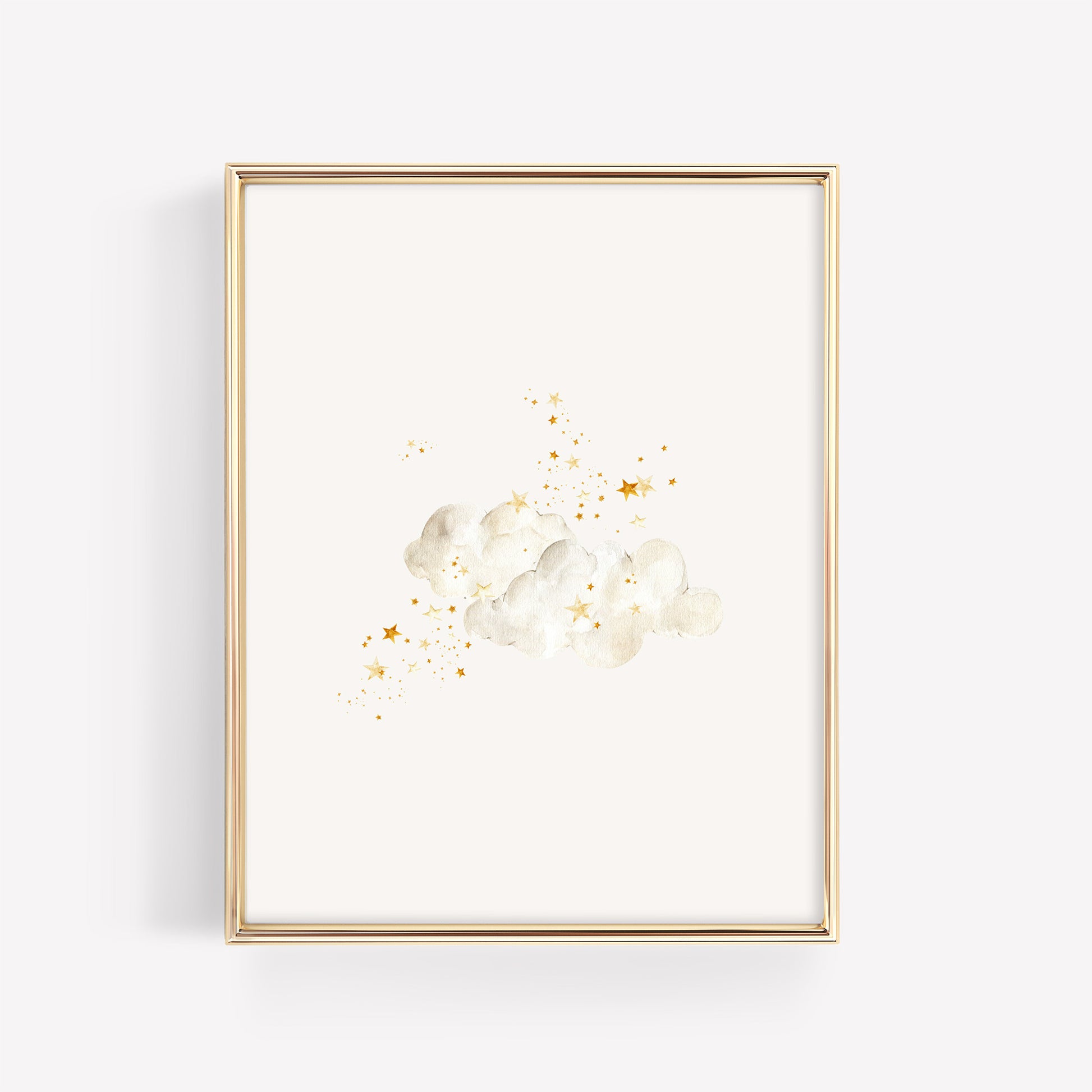 Soft, fluffy watercolor clouds paired with twinkling stars, framed in a sleek gold nursery frame for a "sleepy sky" wall decor theme.