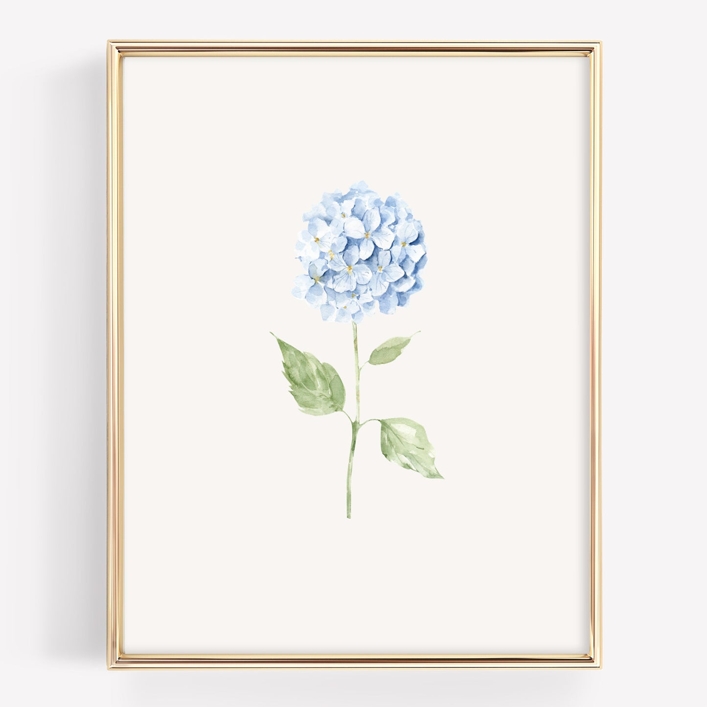 A framed botanical art print featuring a single light blue hydrangea flower with green leaves on an off-white background, enclosed in a thin gold frame.