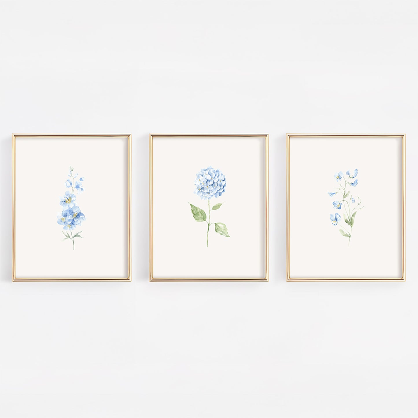 French Blue Floral Nursery Wall Art Prints | Set of 3 | Watercolor Flowers